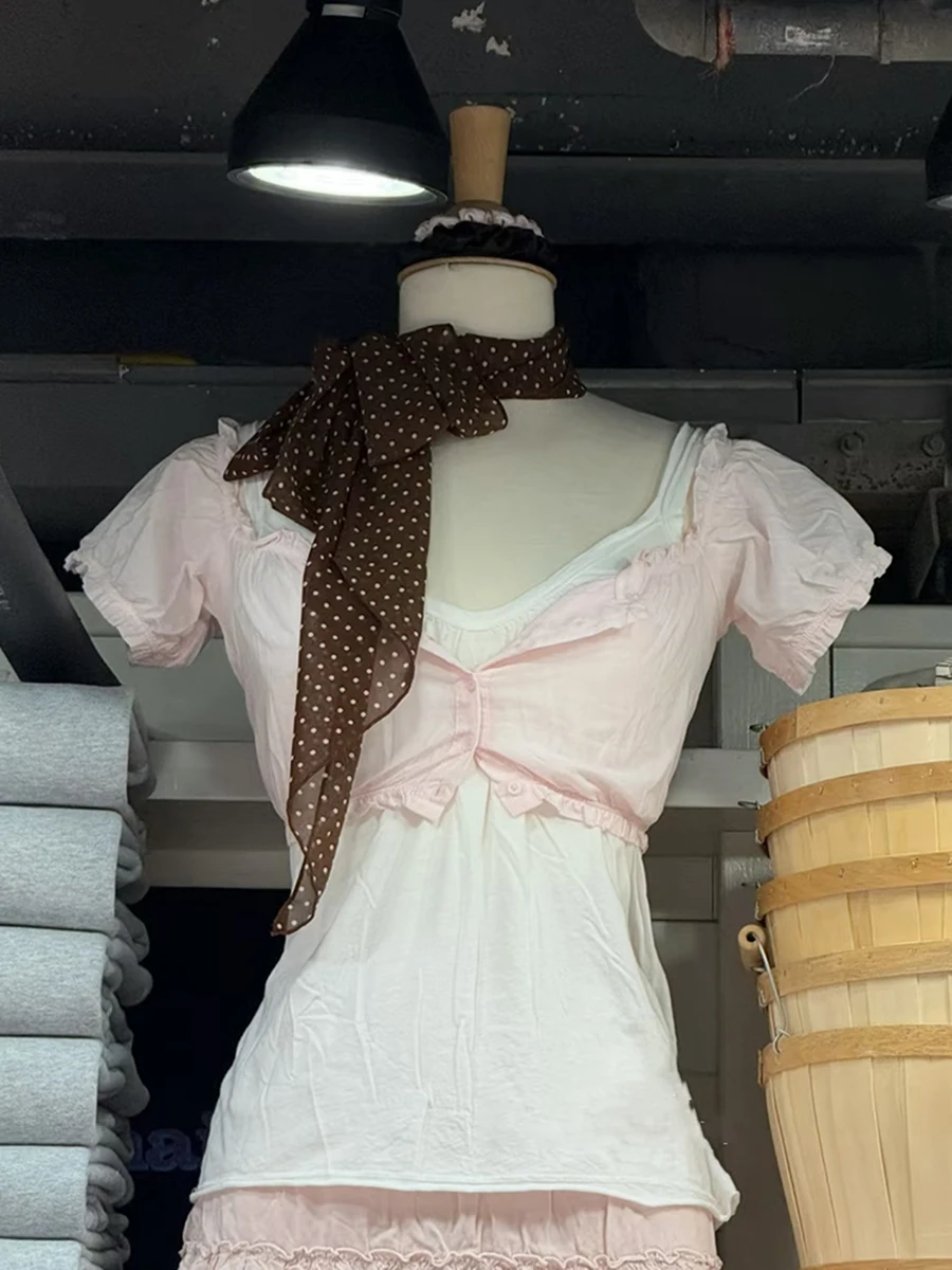 Ruffles Pink Super-Short T-shirt Woman Square Collar Single Breasted Puff Sleeve Cropped Smock Summer Sweet Solid Thin Crop Tops