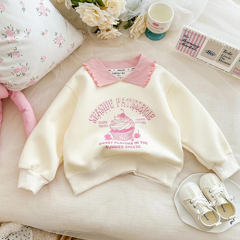 

Sweet Girls Lapel Sweatshirt Spring Autumn Long Sleeve Print Pullovers Casual Loose Girls Tops