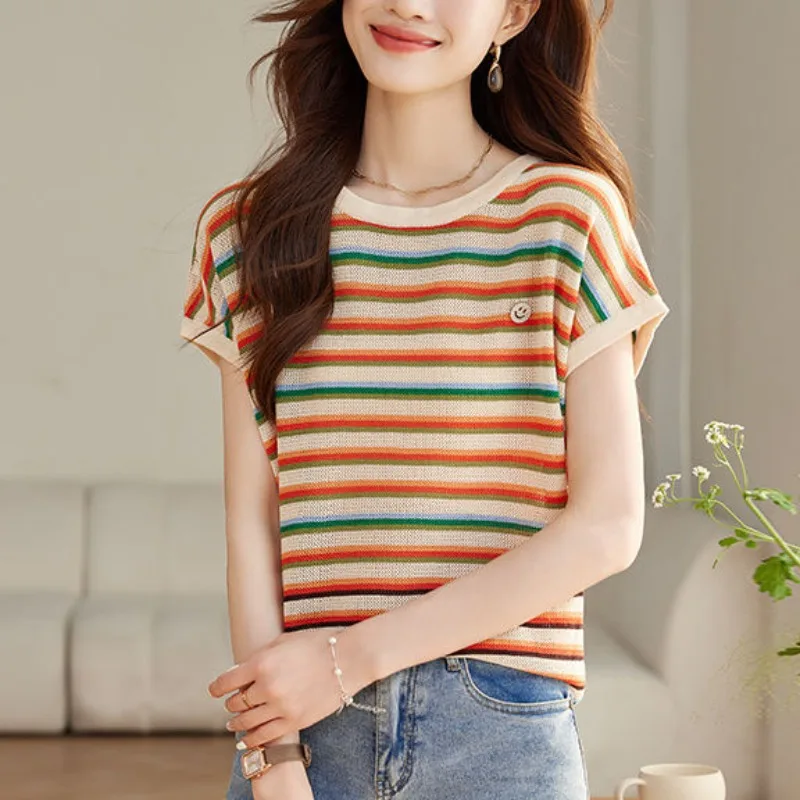 

Korean Commute 2024 Summer New Tees Fashion Round Neck Spliced Striped Contrast Color Loose Short Sleeve T-shirts Women's Tops