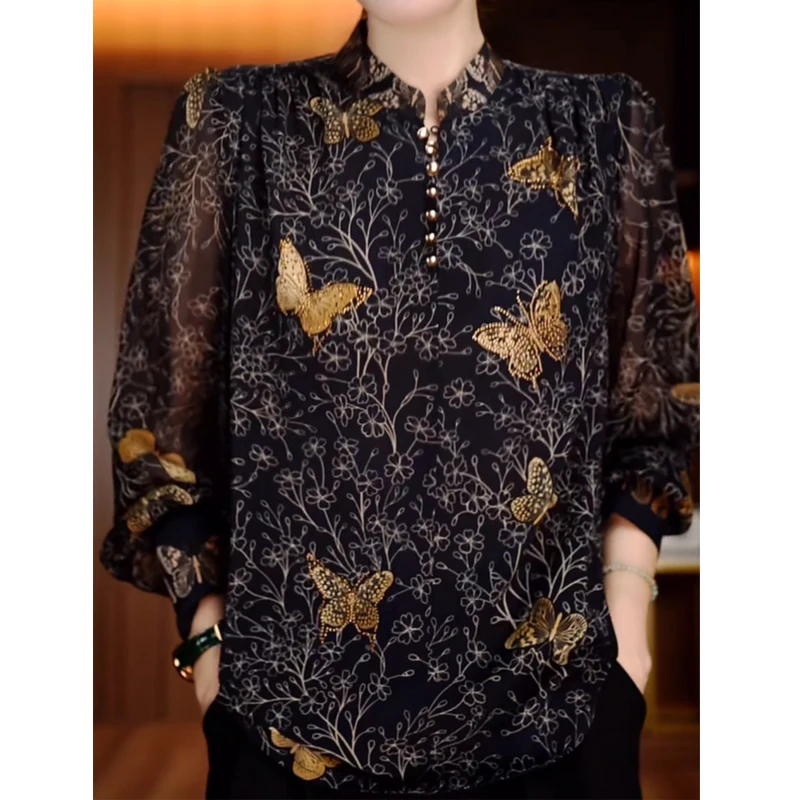 Women Vintage Stylish Butterfly Print Blouse Korean Stand Collar Commute Shirt Elegant Long Sleeve Loose Tops Blusas Para Mujer