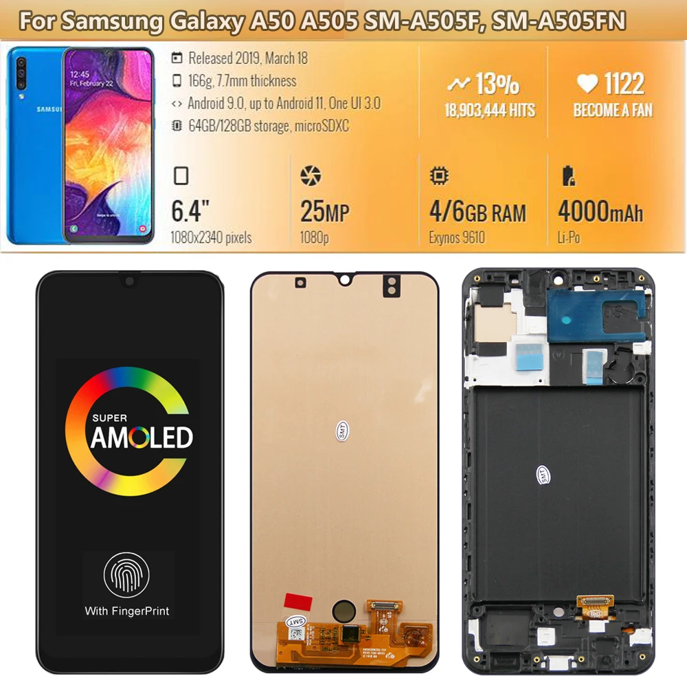 For AMOLED For Samsung A50 A505F/DS LCD A10,A20,A30,A30S Display Touch Screen Digitizer With Frame For Samsung A515 lcd