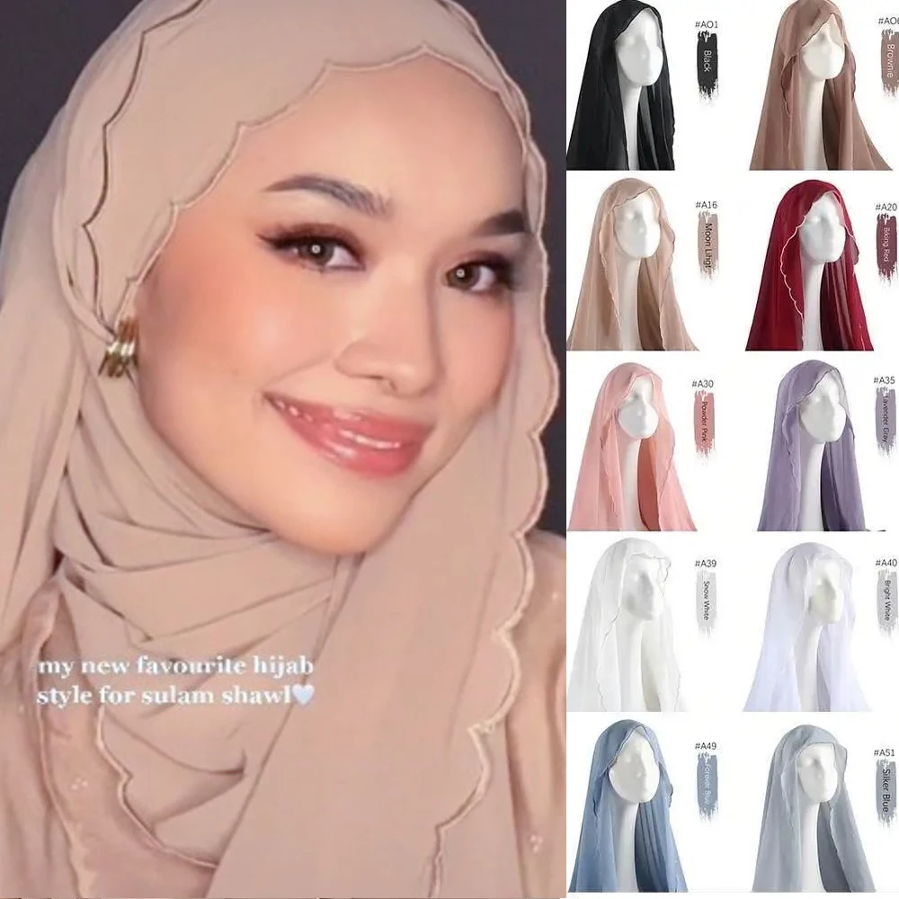 Hijabs chiffon com renda bordada para mulheres, faixa de cabeça muçulmana lisa, lenço de cabeça islâmico feminino, turbantes fashion