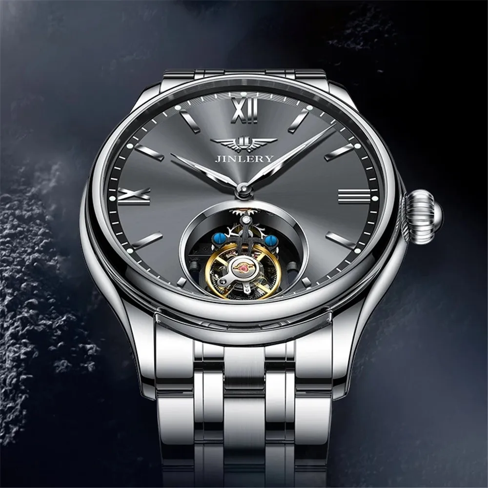 JINLERY Skeleton Tourbillion Men's Wrist Watch Luxury Mechanical Hand Wind Wristwatch Simple Design Sapphire Crystal Clock Man