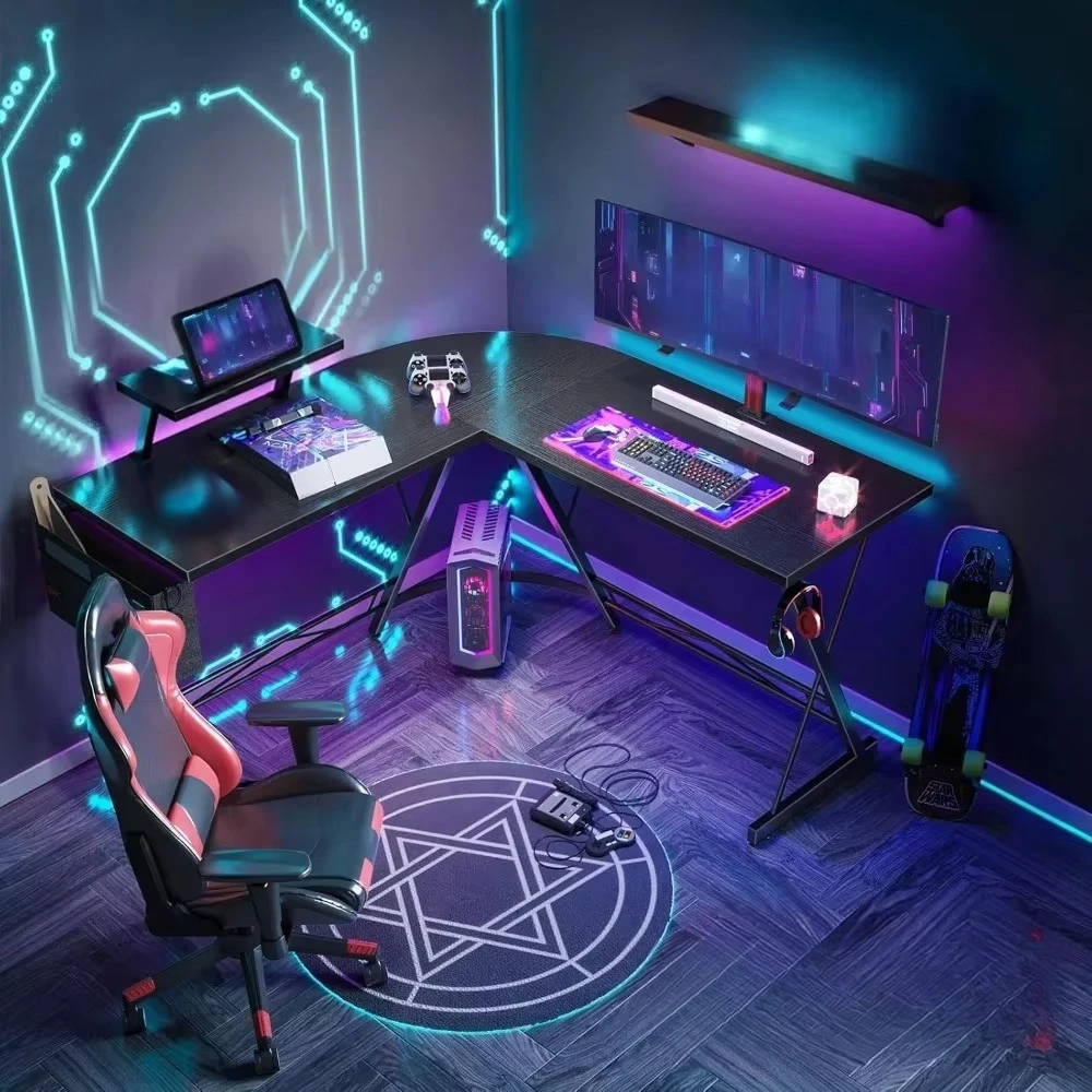 L-förmiger Gaming-Tisch, Spieltisch, Ecktisch mit Monitorständer für Büro (schwarz, 127 x 127 cm)