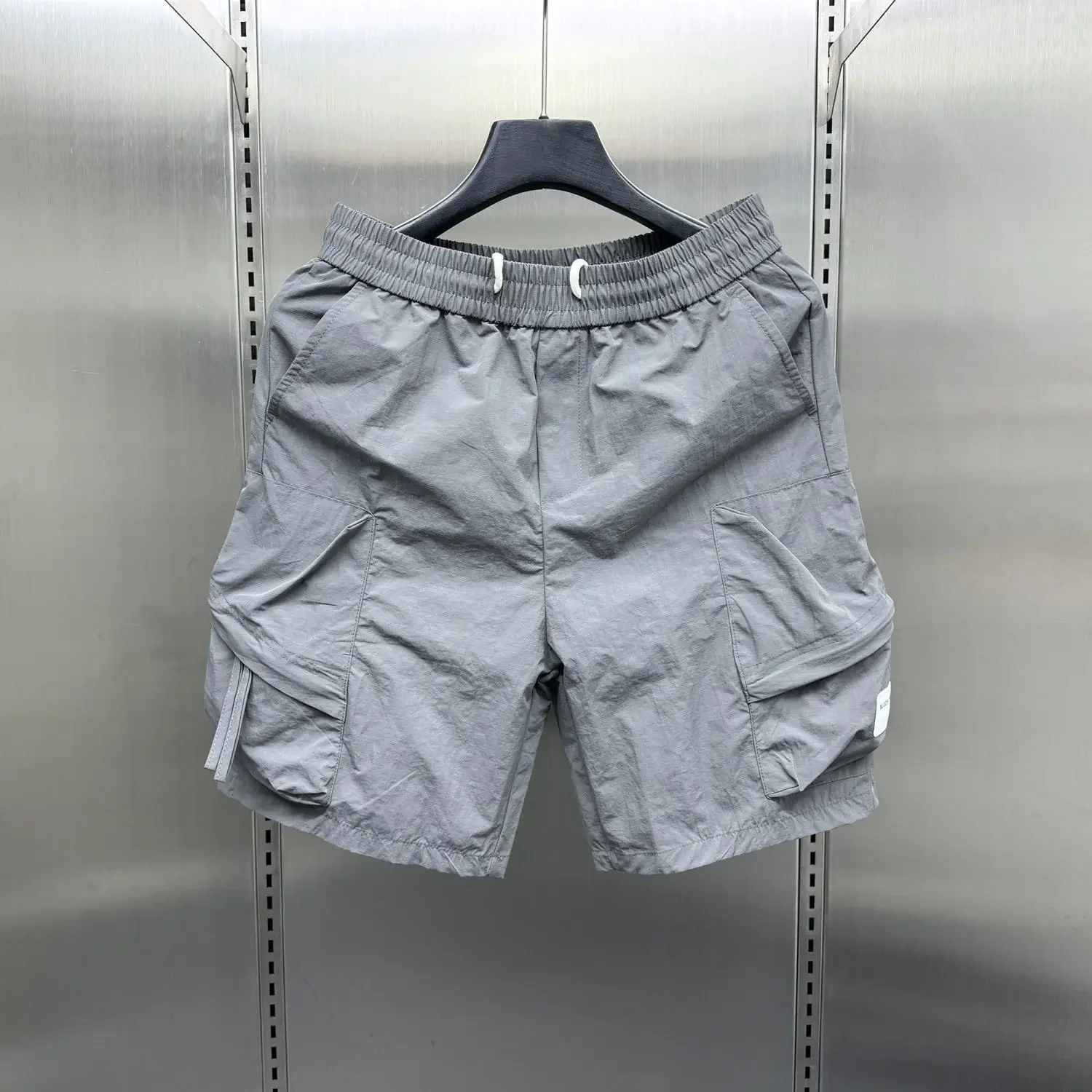 With Pockets Loose Short Pants for Men Bermuda Long Elastic Waist Solid Mens Cargo Shorts Draw String Baggy Wide Half Clothing