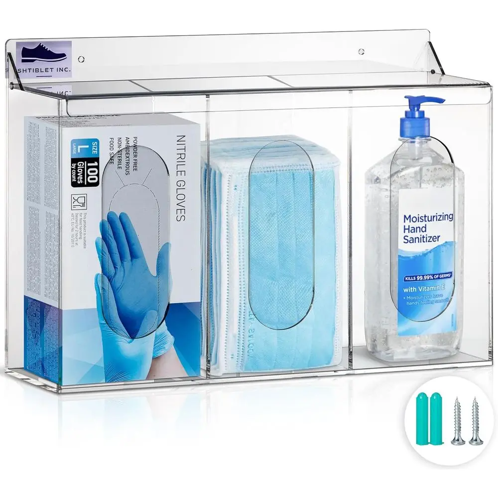 

LLC Clear Acrylic Medical Organizer Hygiene Station with Lid - 3 Comparent Glove Dispenser Wall Mount Container or ace Masks, Ha