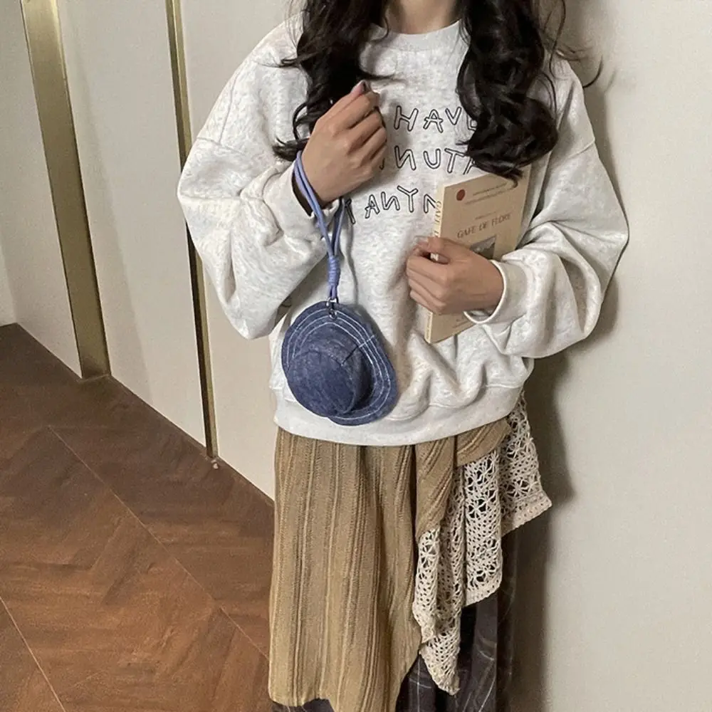 

Милая круглая мини-кепка-ведро с кошельком для монет, симпатичный чехол для наушников на шнурке, мини-кепка-рыбак с кошельком для монет, джинсовый маленький кошелек для детей