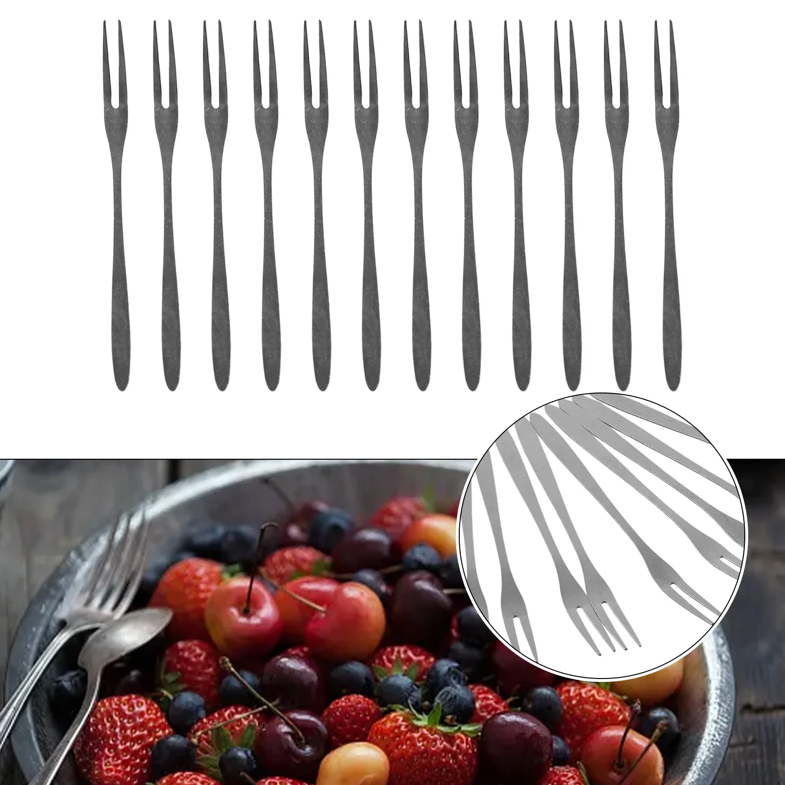 12Pcs Fruit Fork 12.8*0.9cm Stainless Steel Dessert Cake Salad Cutlery Fork For Family Office Party BBQ Restaurant Camping