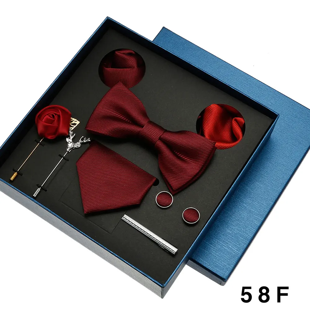 8-teiliges Luxus-Herren-Krawatten-Set in Geschenkbox, Krawatte mit festlicher Hochzeit, Fliege, Einstecktücher, Manschettenknöpfe, Clip-Broschen, Anzug – Detail 25