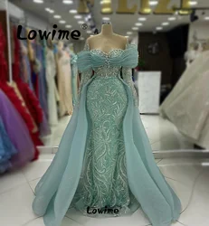 Robe De Soiree 2024 Mint Green Light Blue Aso Ebi Evening Dresses Long Sleeves Customize Mermaid Beaded Pearls Celebrity Dress