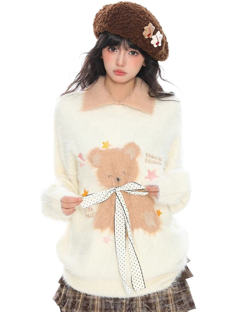 

Японский свитер Sweet Bear Kawaii, женский винтажный кашемировый свитер из искусственной норки, милый вязаный джемпер в консервативном стиле, мягкие топы с длинными рукавами и бантом, новинка