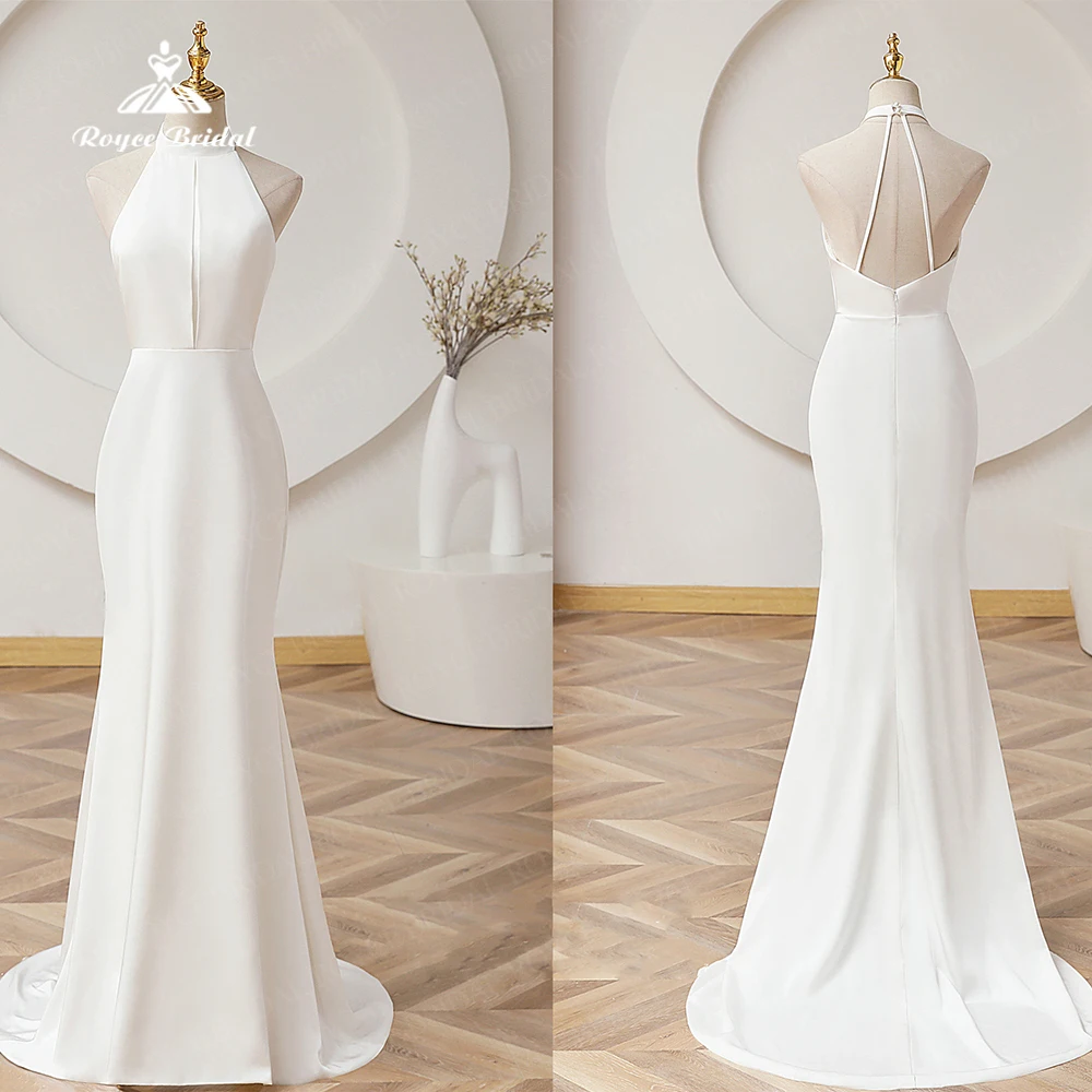 Einfache Neck holder Satin Brautkleider Meerjungfrau Robe de Mariée rücken freie Party Kleid zurück Brautkleid Gericht Zug