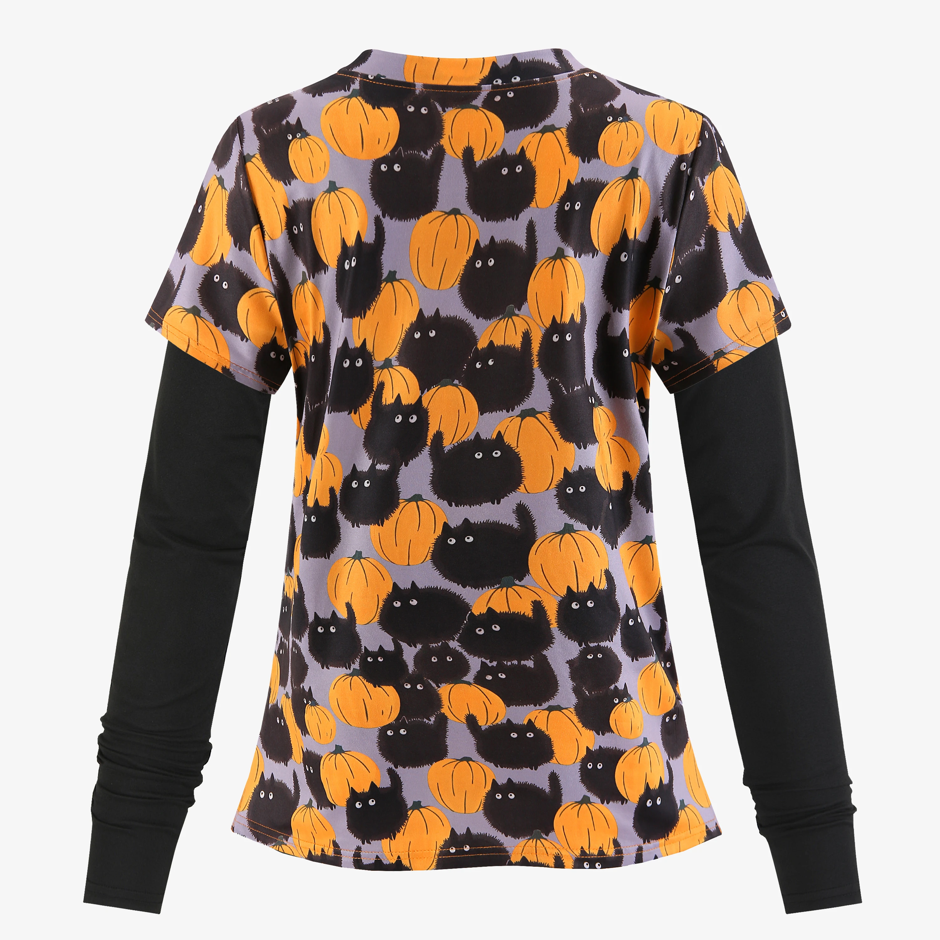 2PCS Halloween Nurse Scrubs: V-Neck, Short-Sleeved Pumpkin Print Tops and Long-Sleeved Skinny Elasticity Bottom Shirts Two-Piece