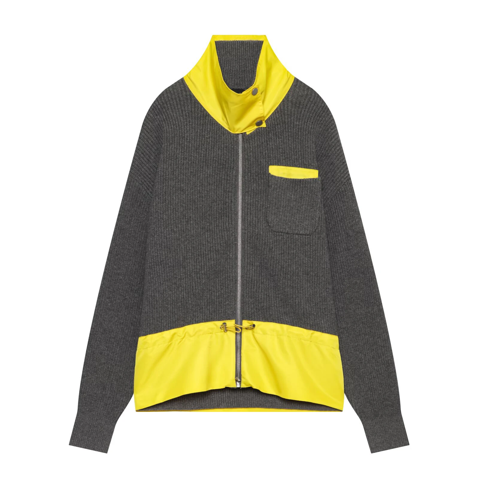 2026 Winter New Product Design Long Sleeve Stand up Collar Pocket Splicing Waist Knitted Cardigan Coat for Women