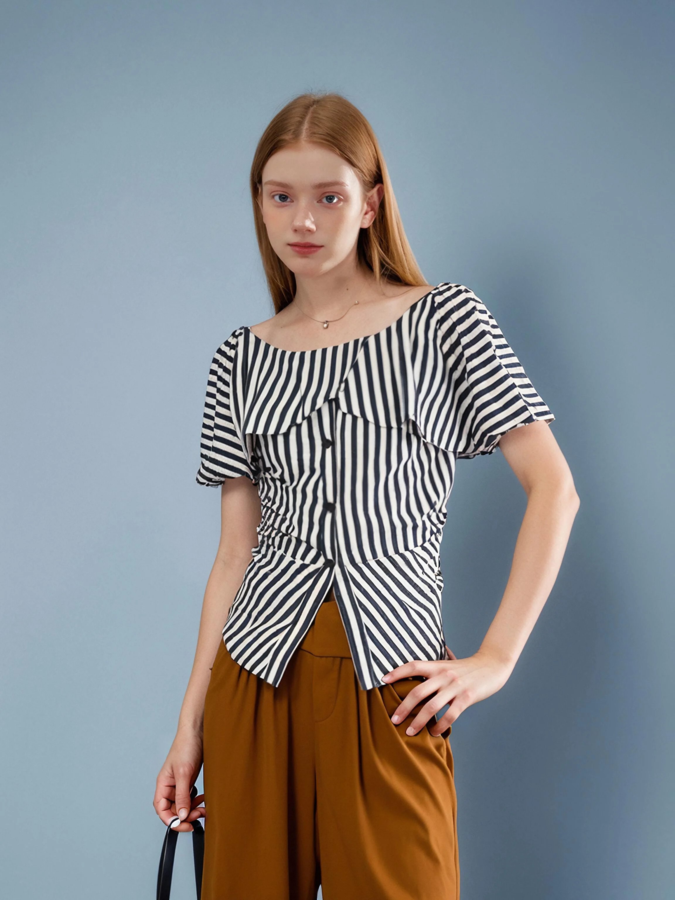

Slimming Striped One-Shoulder Shirt with Ruffle Hem HUAAPPUW French Style Pure Cotton Commute Shirt Short Sleeve Button Detail