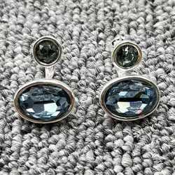 Spain Original Fashion Electroplated 925 Silver Round and Oval Blue Crystal Stud Earrings Festival Jewelry Gift