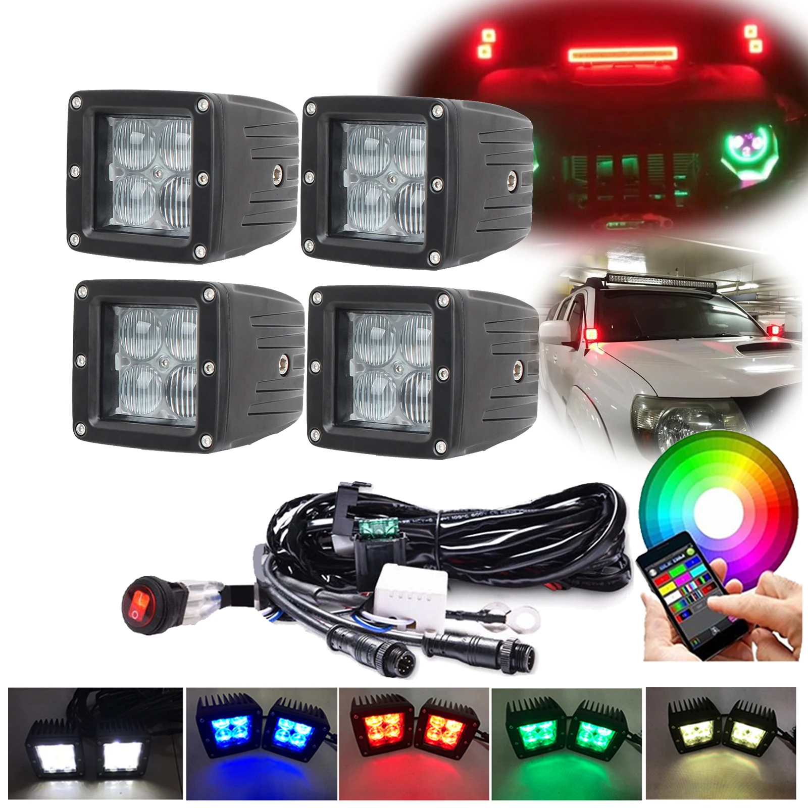 4x 3inch 96W 5D RGB Led Work Light Spot Flood Cube Pods Strobe Music Flashing DIY Mode with Bluetooth Control Wiring Harness Kit