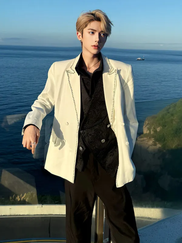 

TANGZ STUDIO Luxury White Diamond Embellied Casual Briti Sle Men's Suit Jaet Stand Fit Faion Urban Polyester