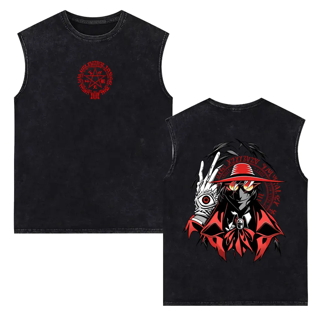 Anime Hellsing Vampire Alucard Washed Vintage Tank Tops Men Women Manga Gothic T-shirt Male Fashion Oversized Sleeveless Vest