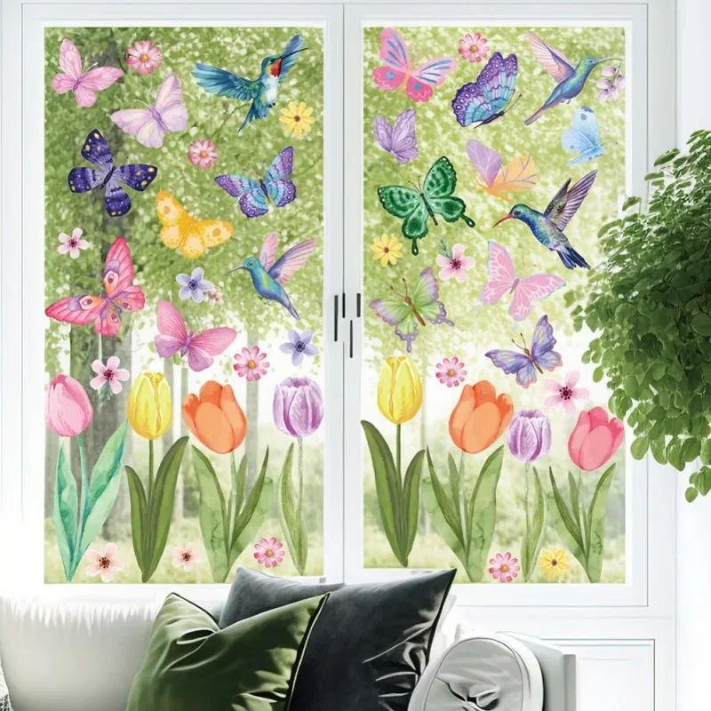 Window Film Stained Glass Film Frosted Privacy Decorative Window Cling No Glue Removable Window Stickers Tulip Flow