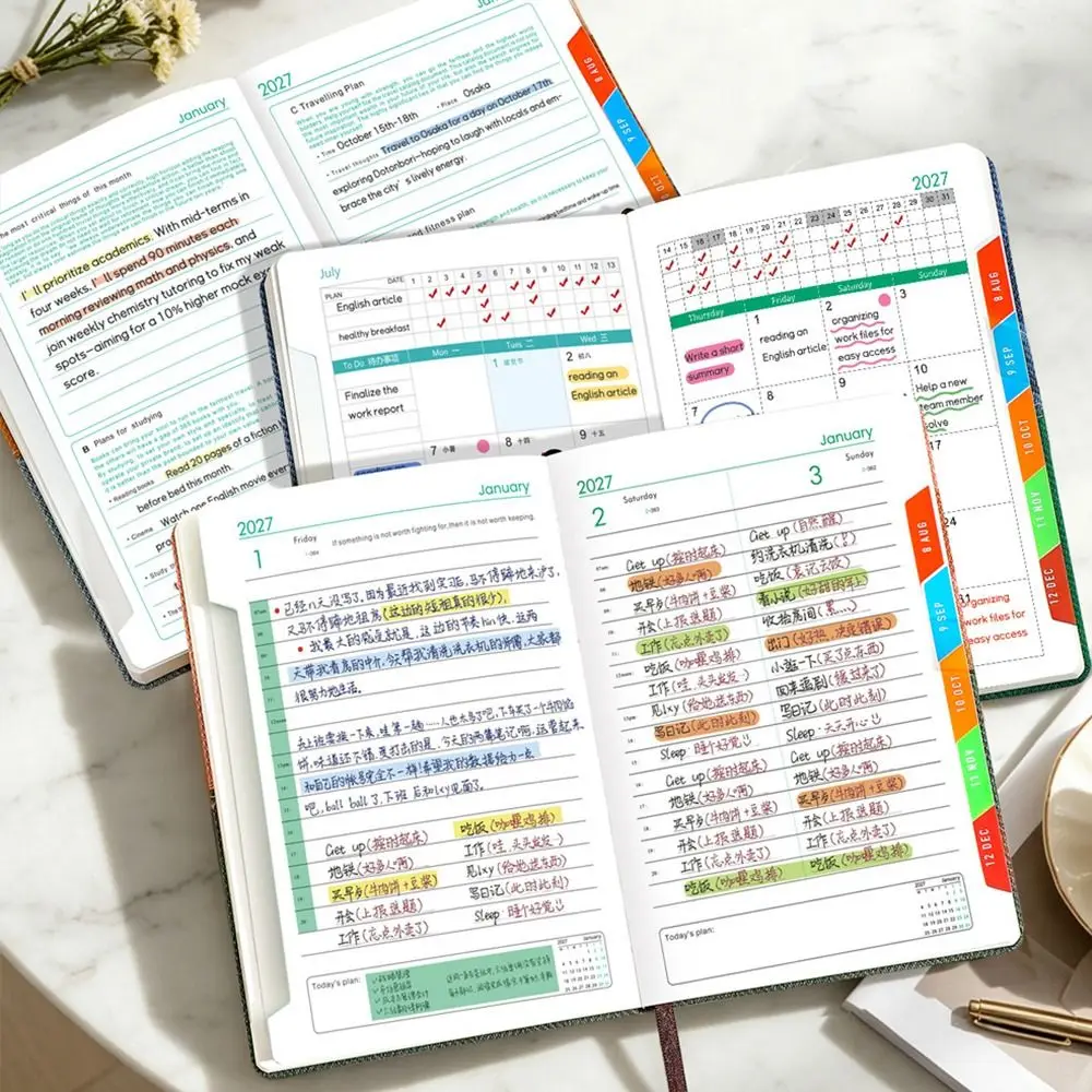Embossed Cover 2027 English Planner Notebook Elastic Band Monthly Index Monthly Planner Lined Pages Pen Holder Diary Notebook