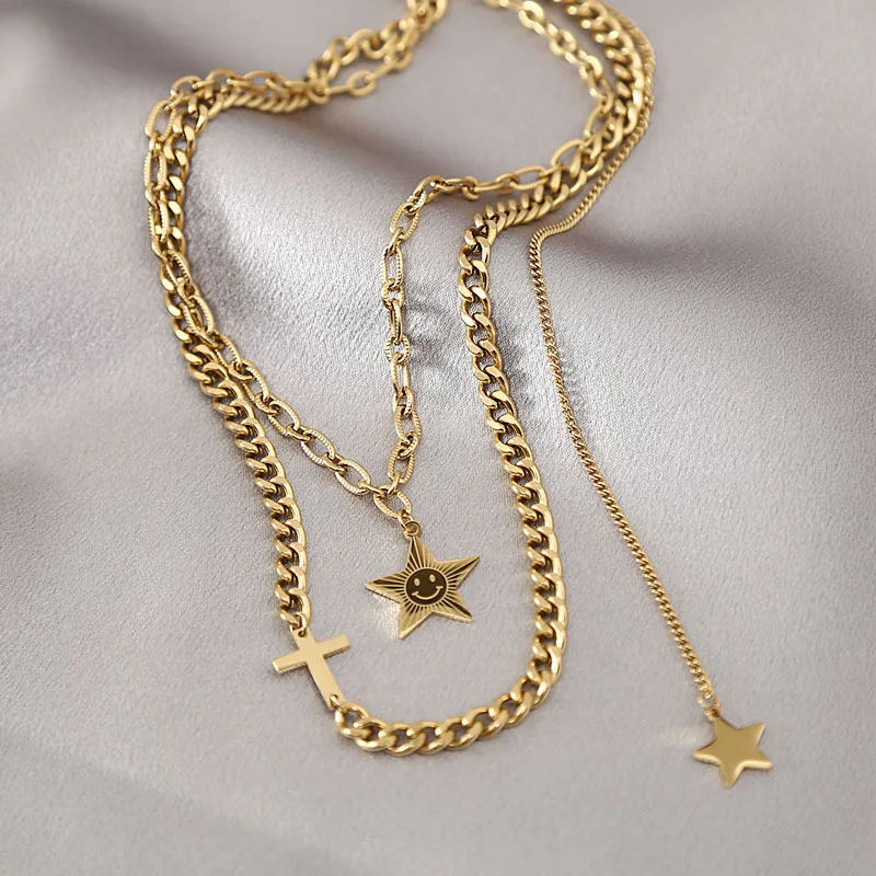 SZN 316L Stainless Steel 18k Gold Plated 2-Layer Star Cross Charm Necklace For Women Hip Hop Punk Street Thick Chain Jewelry