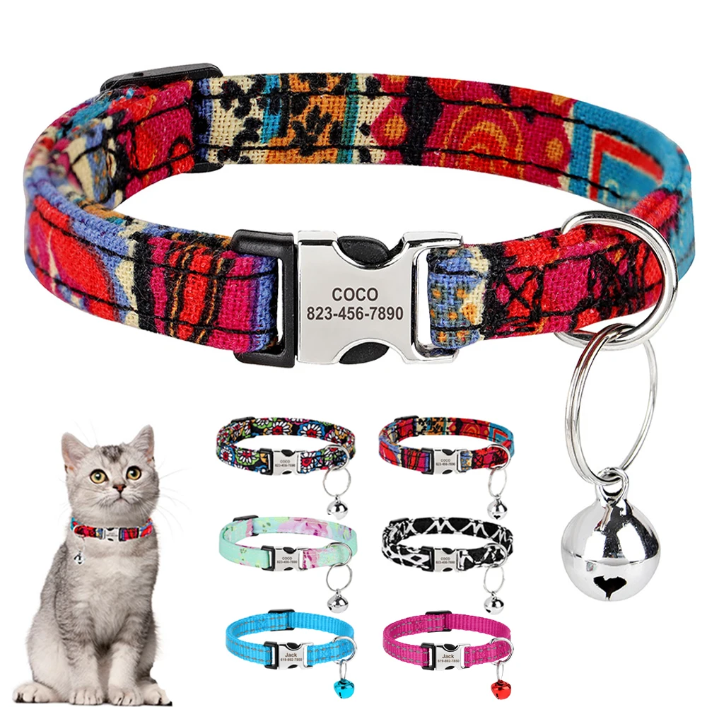 Benutzerdefinierte Katze Kragen Nylon Welpen Kätzchen Halsbänder Kostenlose Gravur Pet ID Tag Typenschild Halskette Pet Halsbänder Glocke