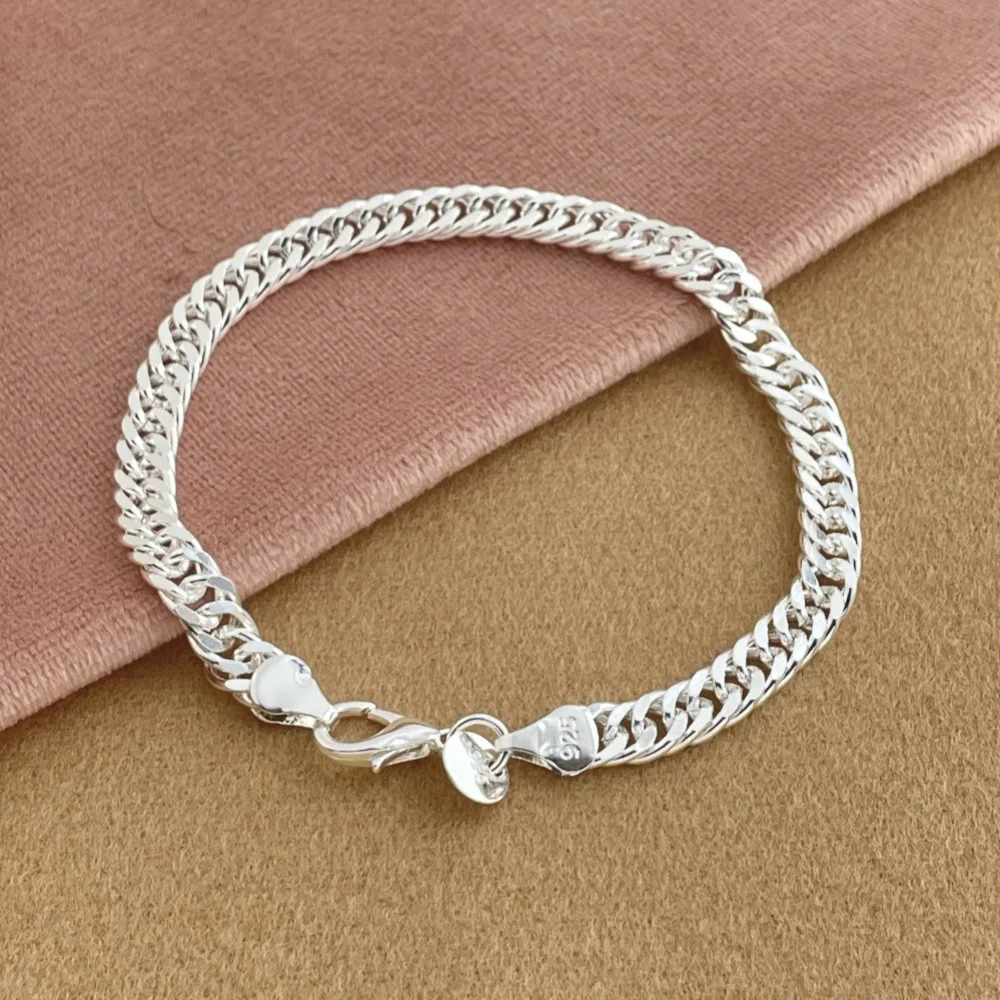 925 Sterling Silver Fashion Daily 6mm Side Double Buckle Bracelet Birthday Anniversary Party Gift