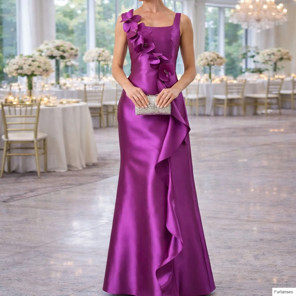 

A-line Women's Evening Dresses Floor-length Square Collar Sleeveless Prom Gown Fashion Flowers Simple Draped Customized Gowns