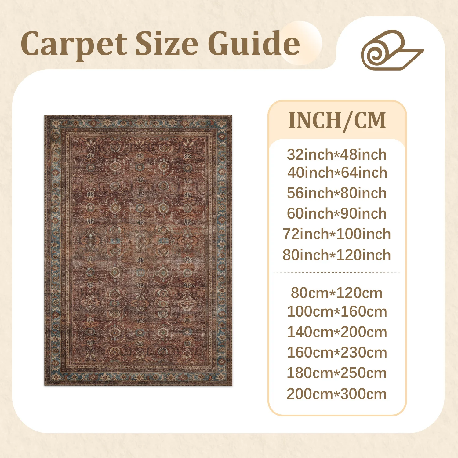 Large Indoor Area Rug, Soft Velvet Low Pile Rug with Non-Slip Dotted Backing, Machine Washable Vintage Distressed Persian Pattern Floor Rug for Living Room and Bedroom, Warm Brown Terracotta with Subtle Blue Accents