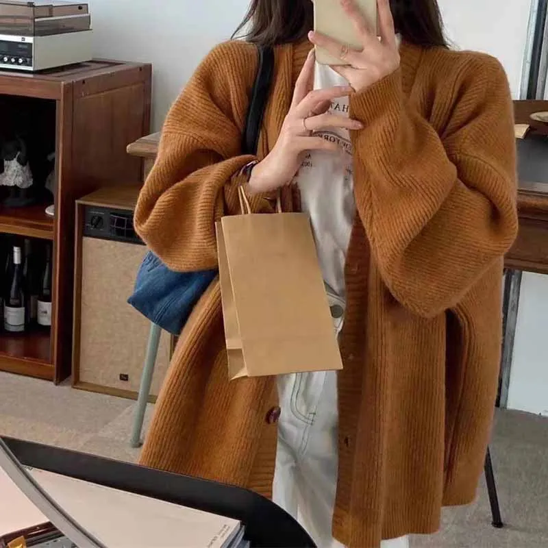 

Универсальный свободный вязаный кардиган, женский осенне-зимний вязаный свитер с длинным рукавом и v-образным вырезом, пальто, женский однотонный повседневный трикотаж