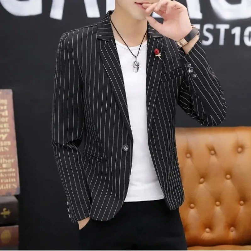 Mens Stripe Printing Spring Blazer  Jacket Top Slim Fit  Suit Casual Men's One Buckle  Coat