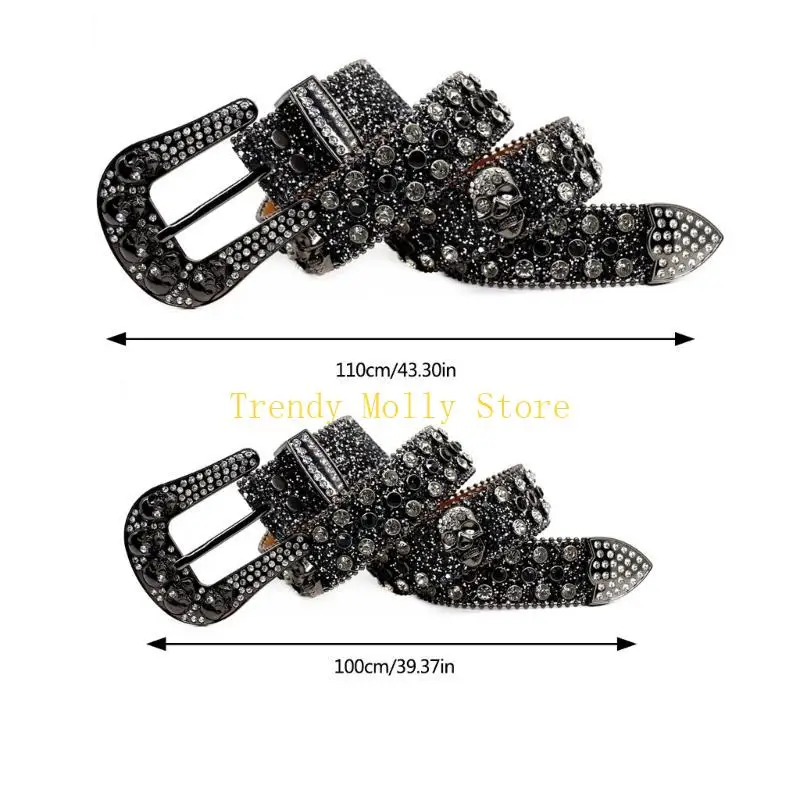 أحزمة N5KB بإبزيم على شكل جمجمة ماسية لعشاق ثقافات الشوارع وحزام خصر مزين بالترتر #6