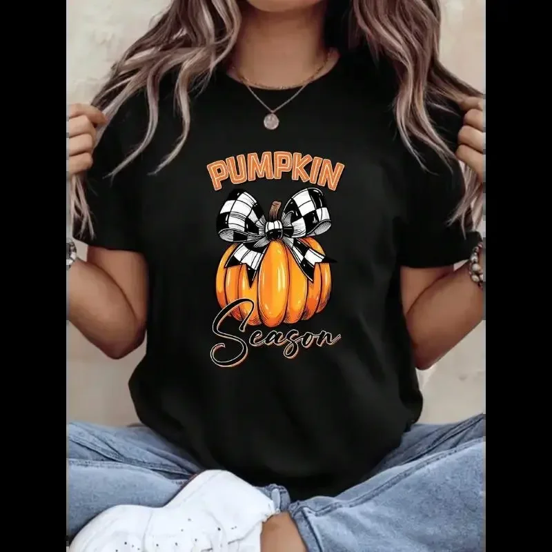 Women'S Oversized Halloween Print T-Shirt - Pumpkin Season Graphic with Bats & Spiders, Short Sleeve Round Neck Casual Fall & Halloween Party Outfit, White with Orange Lettering, Comfortable Casual Attire, Easy Care Seasonal Apparel