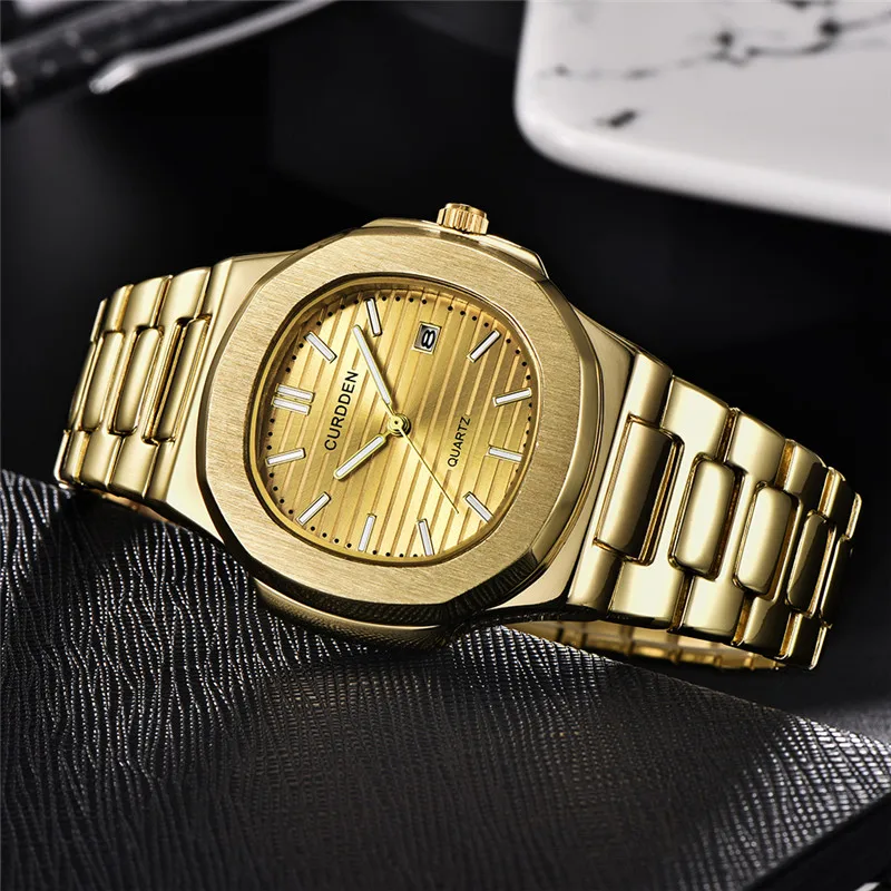 Men Genuine CURDDEN 1520 Brand Watches Fashion Casual Alloy Band Golden Business Vintage Date Quartz Watch Relogio Masculino