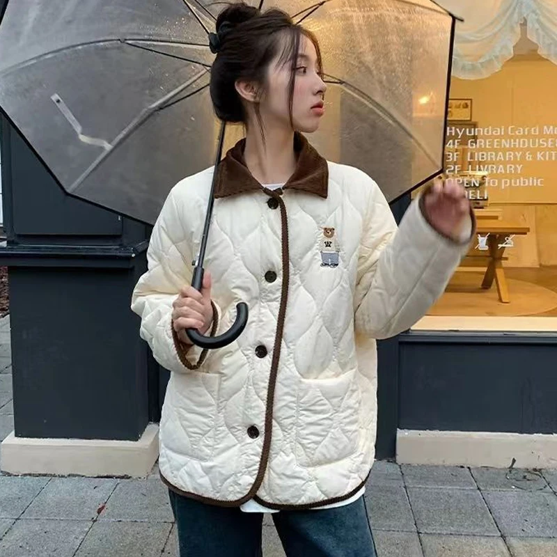 2023 Winter Black Bear Embroidery Cotton Jacket Korean Gourd Pattern Quilted Retro Thickened Coat Women Casual Oversize Jacket