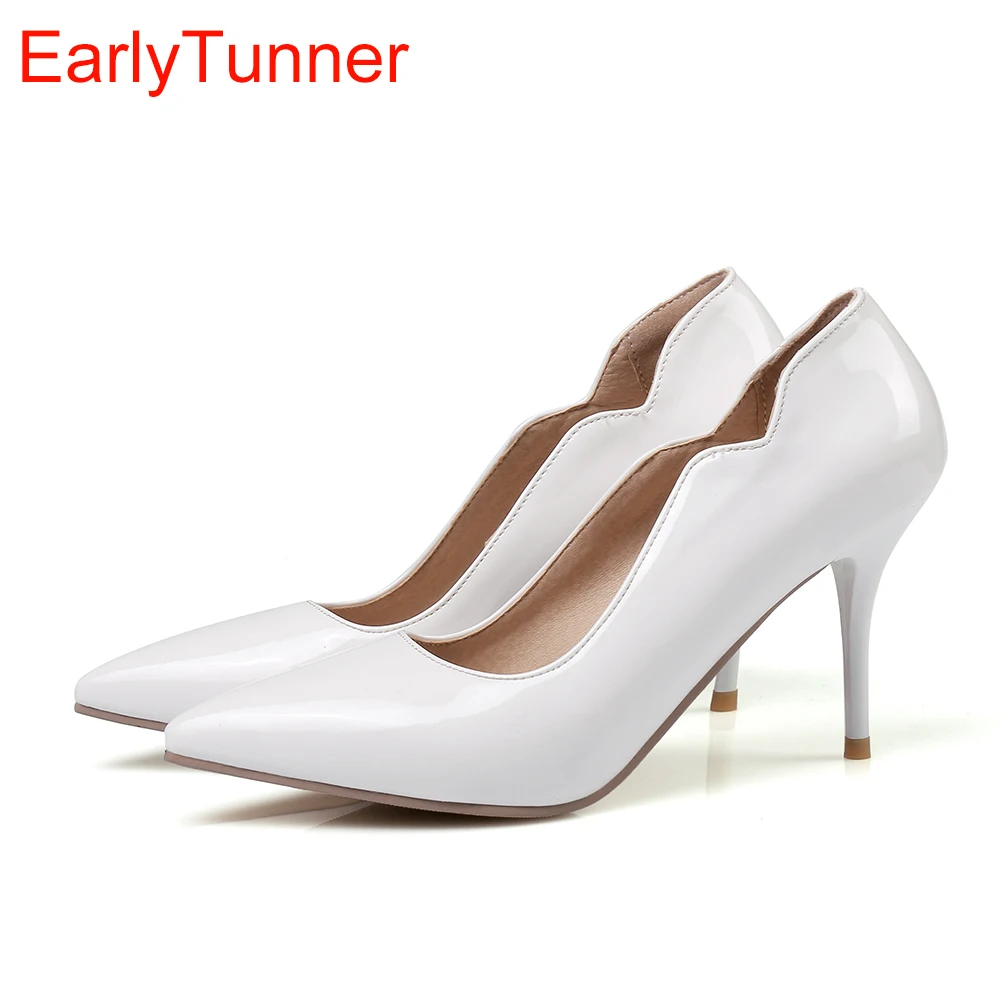 Brand New Sexy White Apricot Women Glossy Formal Pumps 3 inch High Heels Pink Lady Dress Shoes EMP51 Plus Big Size 10 48 30 45