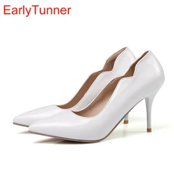 Brand New Sexy White Apricot Women Glossy Formal Pumps 3 inch High Heels Pink Lady Dress Shoes EMP51 Plus Big Size 10 48 30 45