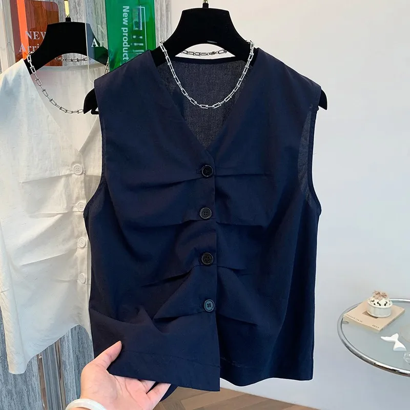 

Женский жилет Slim Fit с V-образным вырезом, тонкий, в европейском и корейском стиле, с вышитыми складками, универсальный, однотонный, тонкий, модный, летний