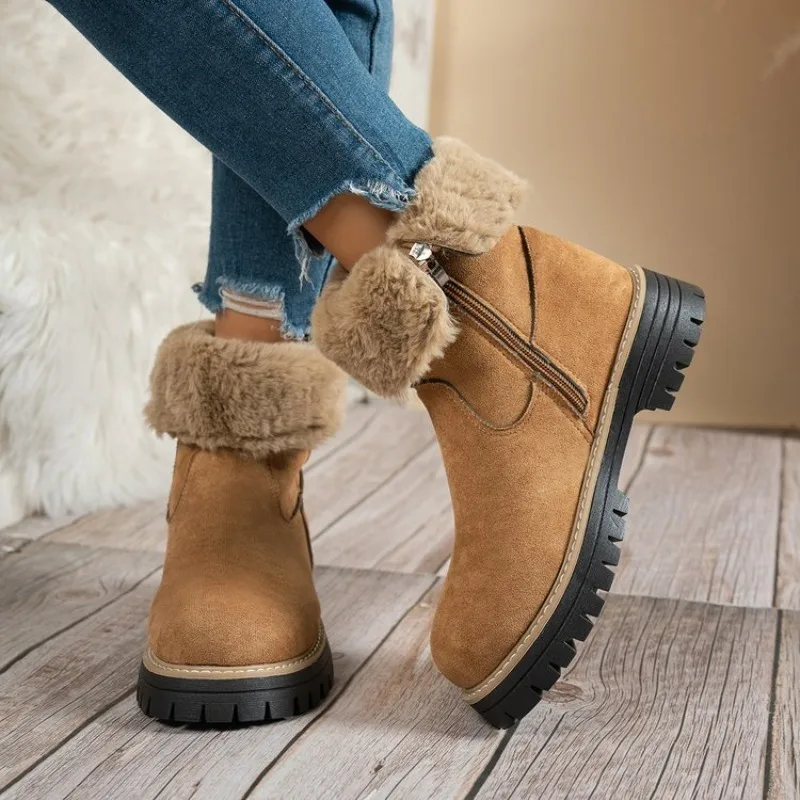 Women's Boots Round Toe Low Heel Suede-Look Texture Side Zipper Fuzzy-Look Collar Chunky Outsole Casual Footwear Classic Choice
