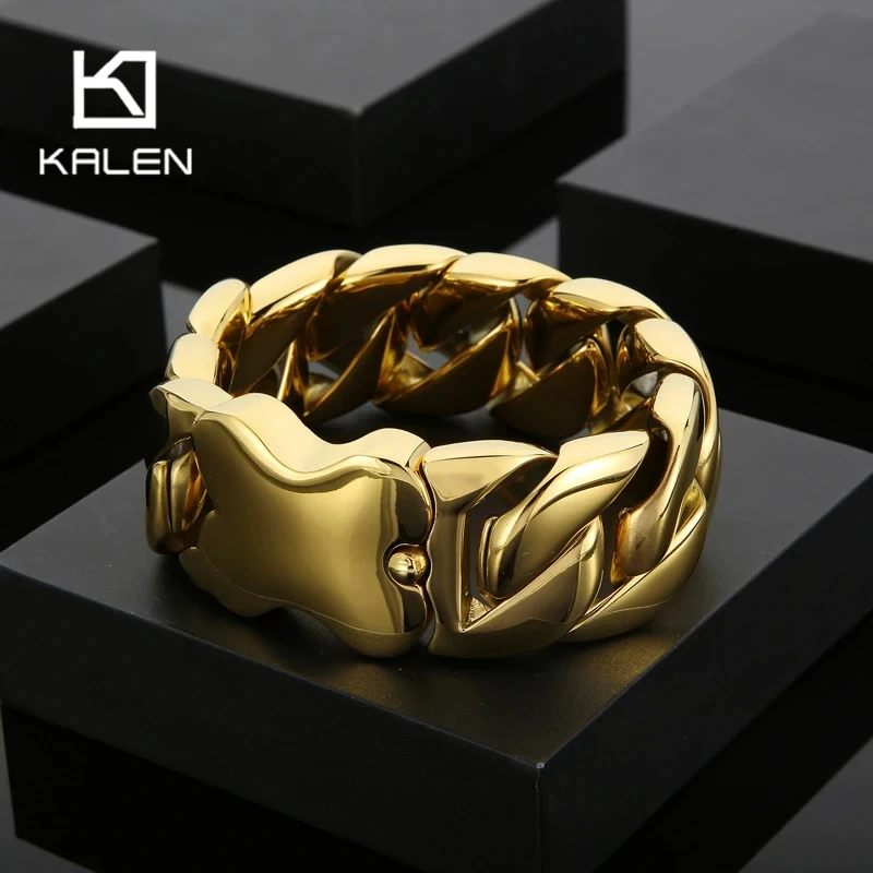 Kalen 20/24/31mm Brushed Vintage Cuban Chain Stainless Steel Men's Wide Bracelet Larger Bone Charms Jewelry Heavy Link Accessory