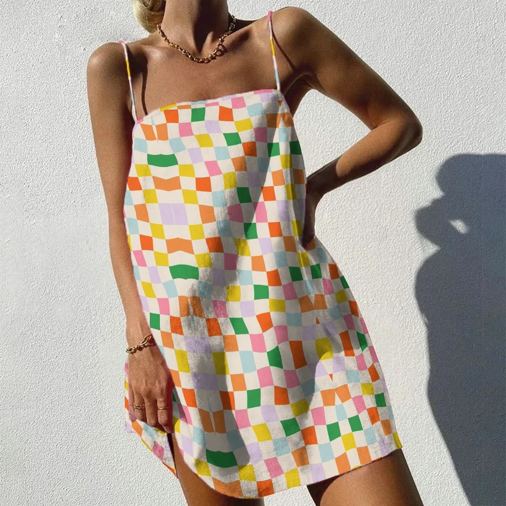 

One-Piece Dress Small Square Printing Women's Braces Skirt Multiple Color Block Splicing Y2K Retro Style Summer Frock Sundress