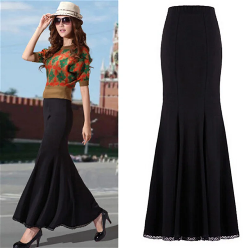 Autumn long knitted sweater high hip flounced skirts black high waist long fishtail skirts