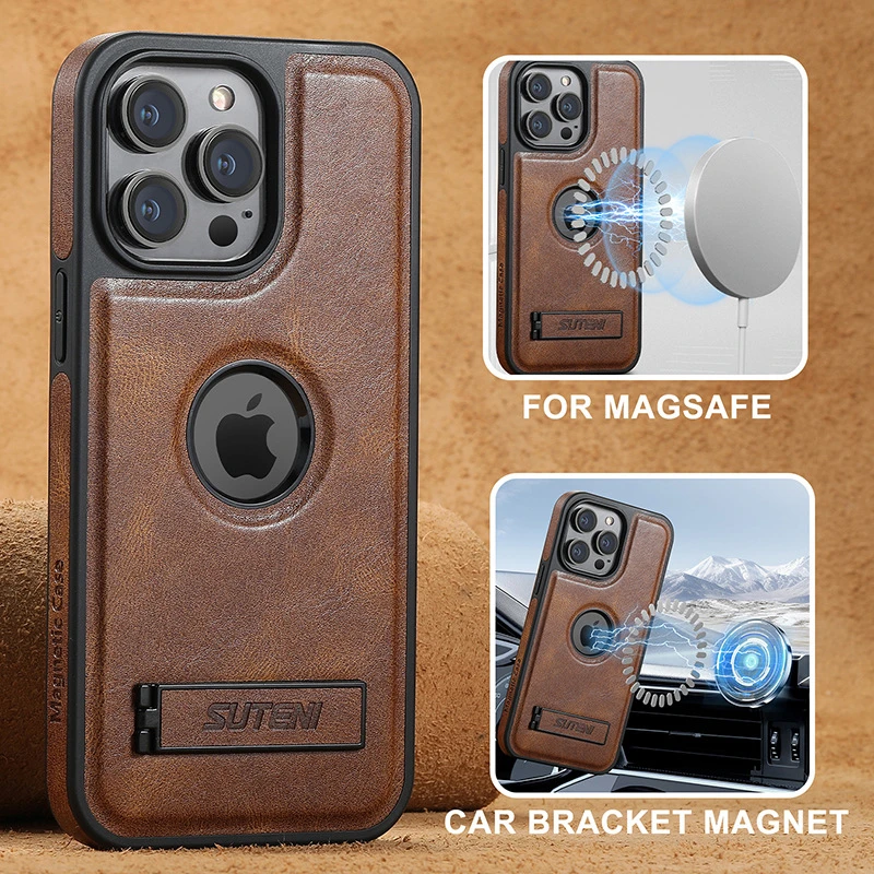 

MagSafe Wireless Charging Case for iPhone 16 Pro Max 12 13 14 15 Pro Max 16 Plus Magnetic Car Mount Leather Kickstand Cover