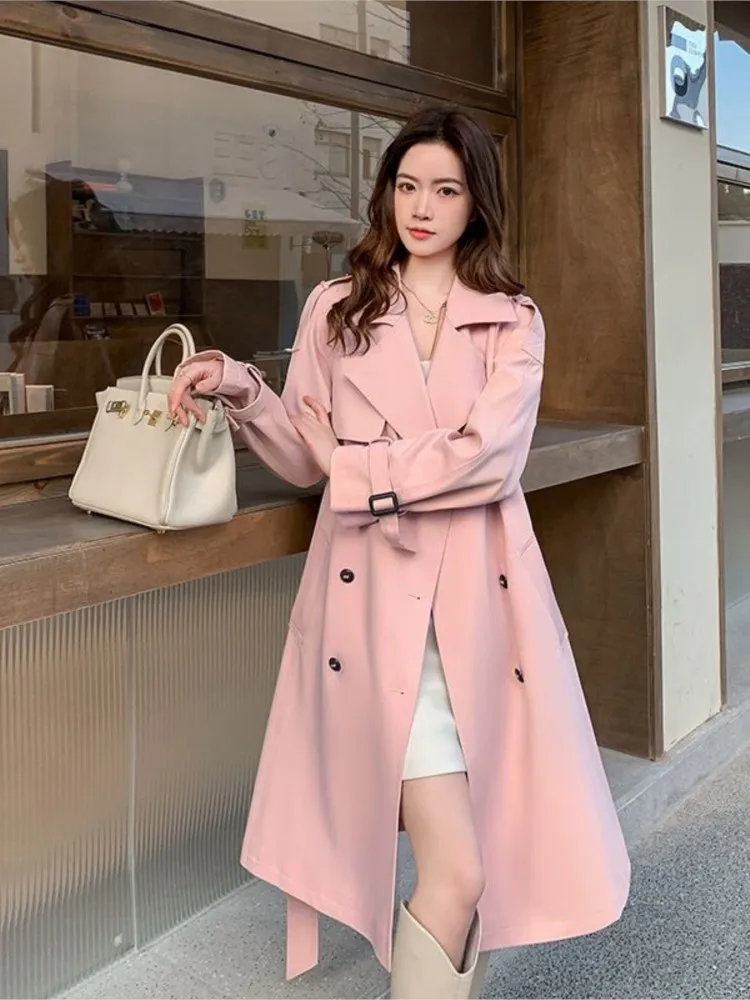 Pink Casual OL Windbreaker Women Autumn 2023 Double Breasted Loose Long Coat Vintage Korean Street Women Trench Coat Outwears