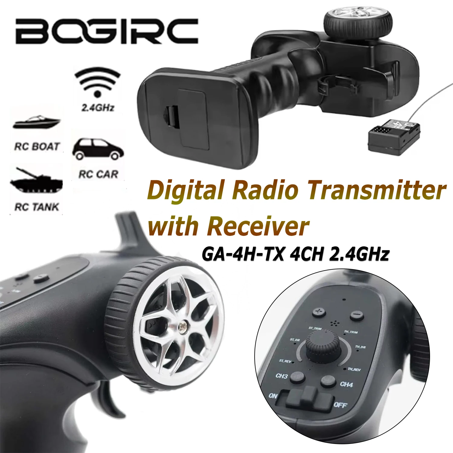 

BOGIRC Digital Radio Transmitter with Receiver GA-4H-TX 4CH 2.4GHz for RC Car Boat Tanks 1/8 1/10 1/16 1/32 Upgrade Model Parts