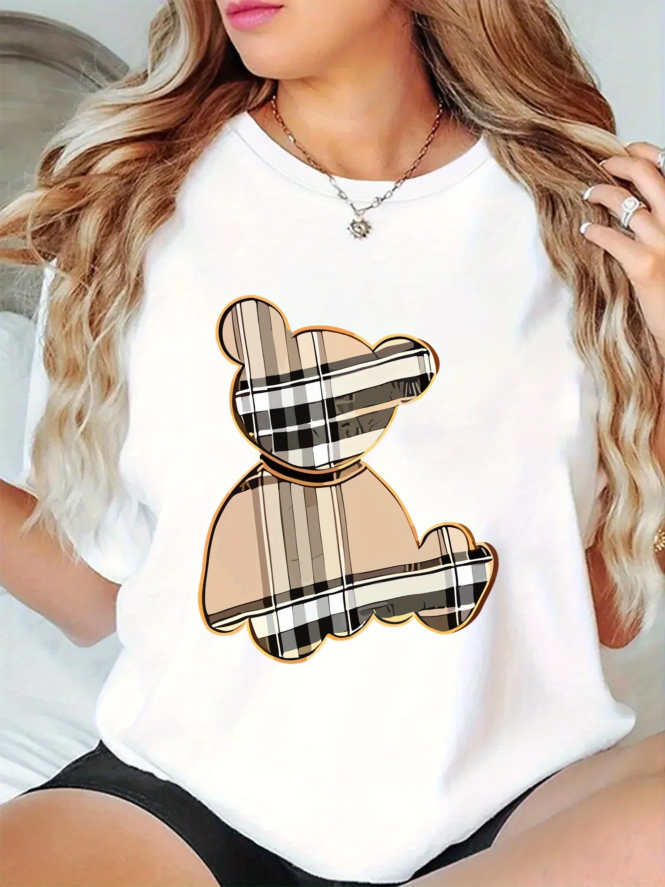 Women's Sporty Casual Striped Bear Print T-Shirt - Breathable Moisture-Wicking Lightweight Soft  Round Neck Short Sleeve Top