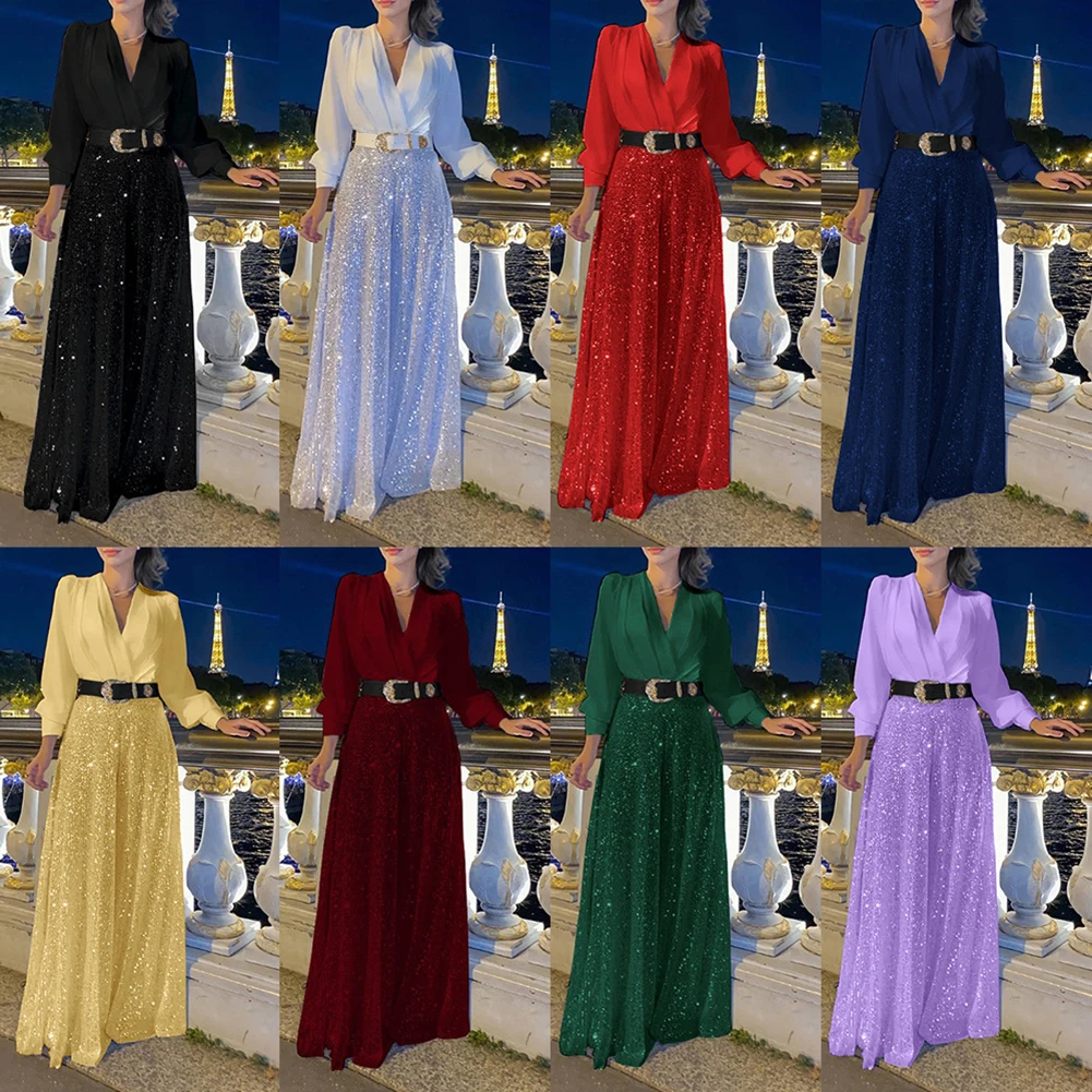 Robe de nuit épissée à paillettes pour femmes, jambe large, col en V, robe de soirée élégante, vêtements pour femmes