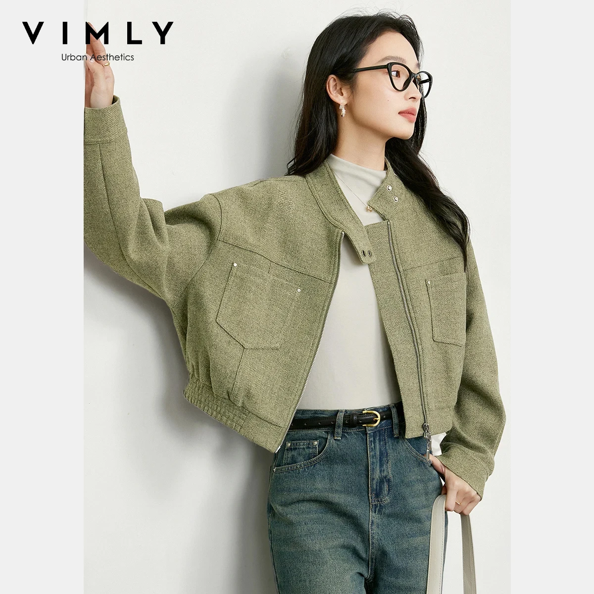

VIMLY Women's Short Jackets Casual Stand Neck Zip Up Loose Ladies Coats Winter 2025 Office Lady Pocket Long Sleeve Tops M8767