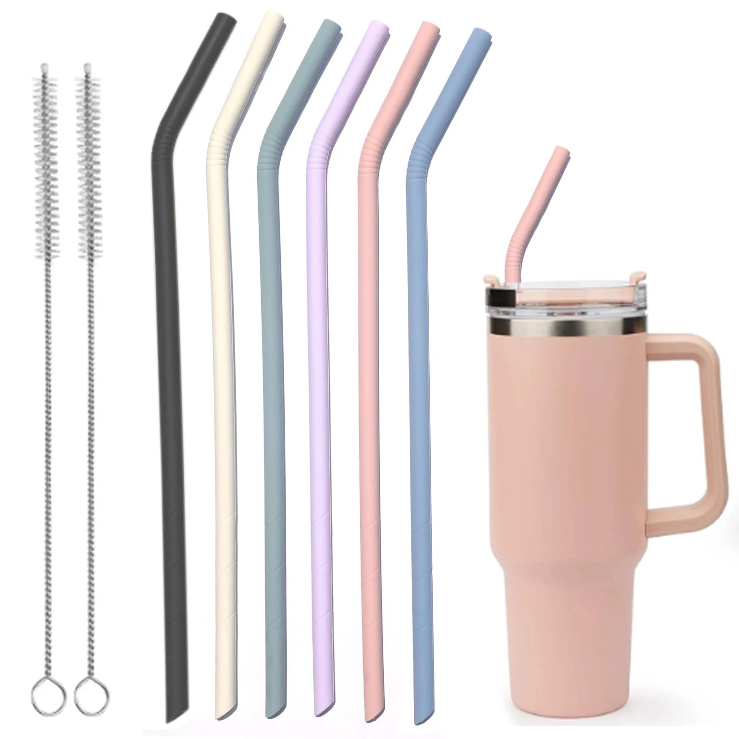 Pastel Color 14” Extra Long Silicone Replacement Straw for 40 oz Cup, Reusable Flexible Tall Giant Big Drinking Straw -6 pack